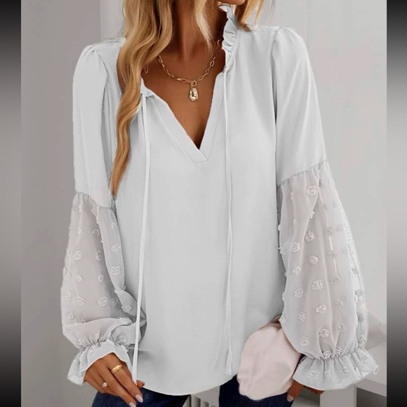 Boho white Swiss dot sleeve tie neck blouse - Picture 2 of 6